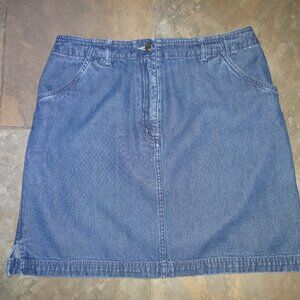 J Jill Skirt 10 Blue Denim Jean Classic Casual front zip Flattering Slit sides